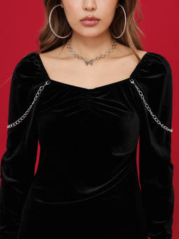 Cider - Velvet Women's Chain Detail Slit Mini Bodycon Dress Black