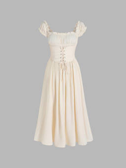 Cider - Women's Solid Ruffled Lace-Up Maxi Dress Off White