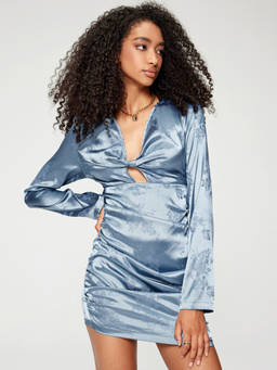 Cider - Satin Women's Floral V-Neck Ruched Mini Dress Blue