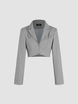 Cider - Woven Solid Women's Zip-Up Crop Blazer Grey