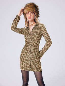 Cider - Geometric Women's Ruched Button-Up Shirt Mini Dress Brown