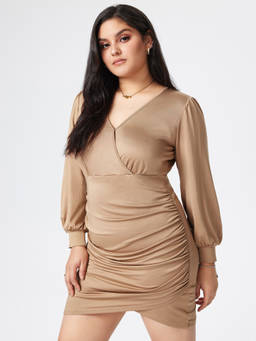 Cider - Solid Ruched Women's V-Neck Mini Bodycon Dress Brown