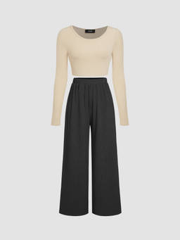 Cider - Knitted Women's Ribbed Crop Top Wide Leg Co-ord Set Black