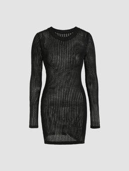 Cider - Solid Women's Hollow Out Knitted Bodycon Mini Dress Black