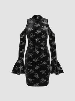 Cider - Velvet Women's Floral Bell Sleeve Bodycon Mini Dress Black