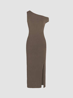Cider - Solid Women's Asymmetrical Neck Split Midi Dress Brown