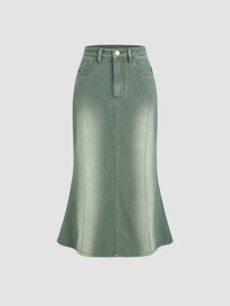 Cider - Split Mermaid Women's High-Waist Denim Midi Skirt Green