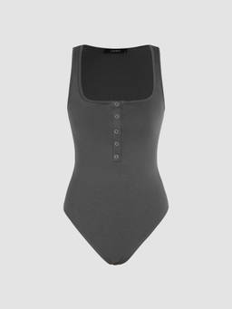 Cider - Rib Women's Square Neck Button-Up Bodysuit Grey