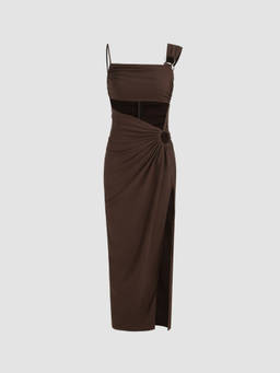Cider - Women's Cut-Out Asymmetrical Neck Split Maxi Dress Brown