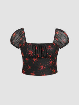Cider - Curve & Plus Women Floral Ruched Puff Sleeve Mesh Crop Top Black