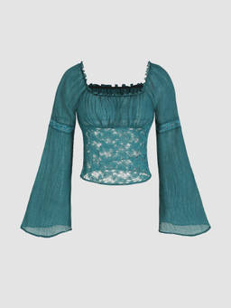 Cider - Floral Lace Women Bell Sleeve Crop Top Blue