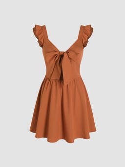 Cider - Knotted Ruffle Women's V-Neck Mini Dress Brown