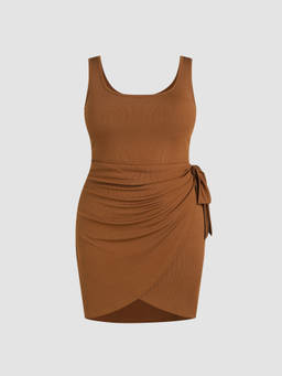 Cider - Knotted Ruched Women's Sleeveless Scoop Neck Mini Dress Brown