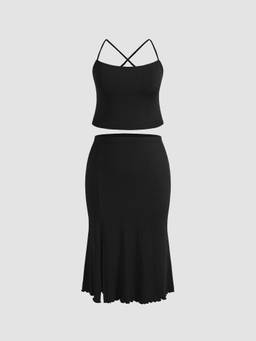 Cider - Knitted Women’s Strappy Cami Crop Top Split Skirt Set Black