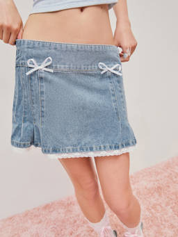 Cider - Bowknot Women's Pleated Lace Trim Mini Skirt Blue