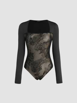 Cider - Mesh Women's Floral Embroidered Square Neck Bodysuit Black