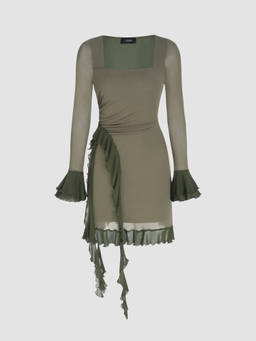Cider - Mesh Women's Square Neck Ruffle Mini Dress Green
