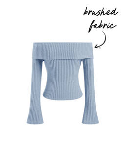 Cider - Brushed Fabric Women Off-Shoulder Ribbed Long Sleeve Top Blue