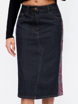 Cider - Floral Patch Women's Mid-Waist Denim Maxi Skirt Navy Blue