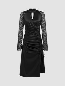Cider - Satin Women's Lace Sleeve V-Neck Midi Dress Black