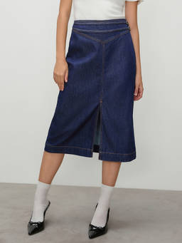Cider - Denim Women's Mid-Waist Buckle Split Maxi Skirt Navy Blue