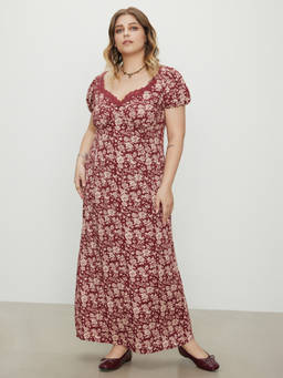Cider - Floral Lace Women's V-Neck Puff Sleeve Maxi Dress Wine