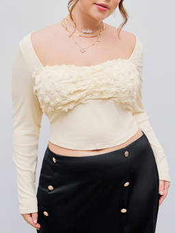 Cider - Lace Rosette Women Solid Square Neck Crop Top Beige