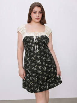 Cider - Jacquard Women's Floral Square Neck Bow Mini Dress Black