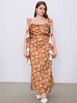 Cider - Woven Women's Floral Ruffle Hem Maxi Dress Brown