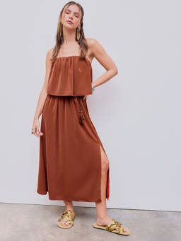 Cider - Solid Women's Strapless Tassel Split Midi Dress Brown