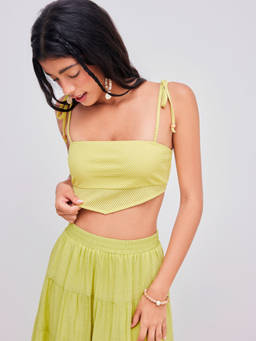 Cider - Beaded Knotted Women’s Slim Fit Tie-Up Strap Crop Top Green