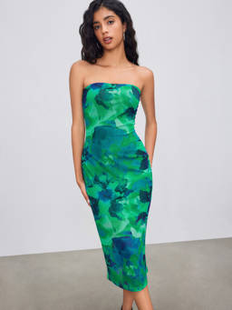Cider - Mesh Women's Strapless Abstract Midi Dress Green