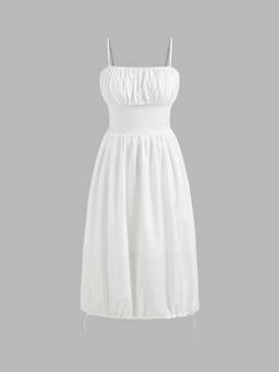 Cider - Woven Women's Square Neck Corset Ruched Midi Dress White
