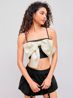 Cider - Bowknot Women's Square Neck Shirred Crop Cami Top Black
