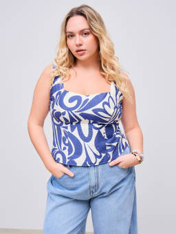 Cider - Woven Women's Abstract Square Neck Tank Top White & Blue