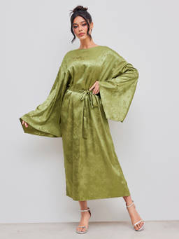 Cider - Floral Knotted Women's Oversized V-Neck Maxi Dress Olive