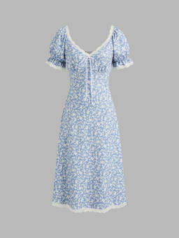 Cider - Strawberry Graphic Women’s Lace Trim Puff Sleeve Midi Dress Blue