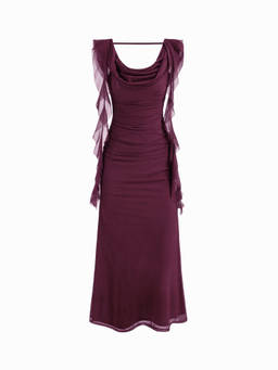 Cider - Solid Women Cowl Neck Ruched Ruffle Hem Maxi Dress Purple