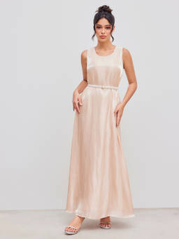 Cider - Satin Women's Sleeveless Pearl Belt Maxi Dress Beige