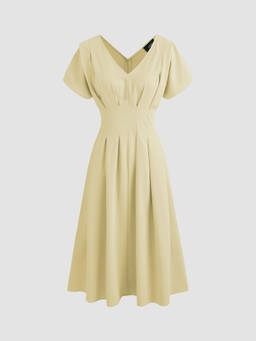 Cider - Women's Solid Pleated V-Neck Midi Dress Yellow
