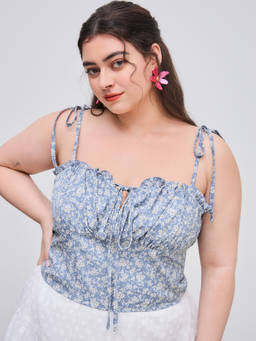 Cider - Woven Women’s Floral Square Neck Shirred Cami Crop Top Blue