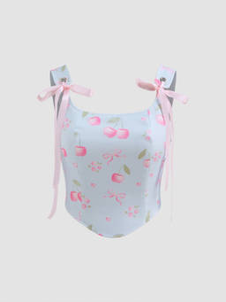 Cider - Cherry Bow Women's Square Neck Shirred Tank Top Blue