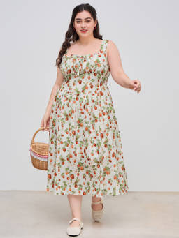 Cider - Woven Women's Strawberry Print Square Neck Midi Dress Multi-Color
