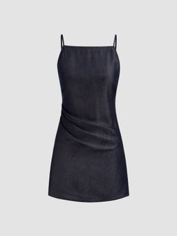 Cider - Women's Square Neck Pleated Zipper Mini Dress Indigo