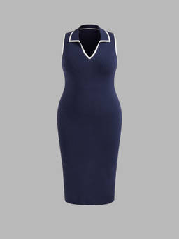 Cider - Knitted Women's V-Neck Sleeveless Midi Bodycon Dress Navy Blue