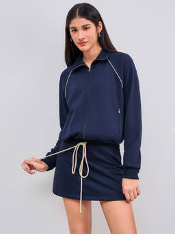 Cider - Cotton Women's High Neck Zipper Skirt Co-ord Set Navy Blue