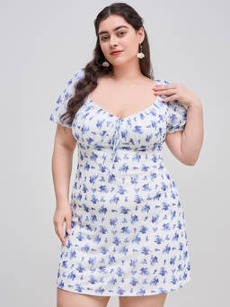 Cider - Mesh Women's Floral Square Neck Criss Cross Mini Dress Blue