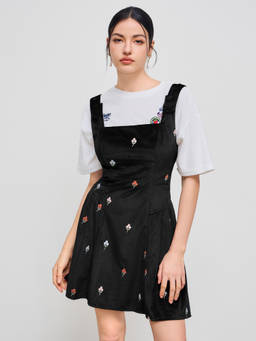 Cider - Corduroy Women's Floral Embroidered Square Neck Mini Dress Black