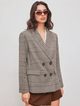 Cider - Check Women's Double-Breasted Pocket Oversized Blazer Tan