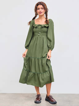 Cider - Solid Women's Beaded Shirred Puff Sleeve Midi Dress Olive